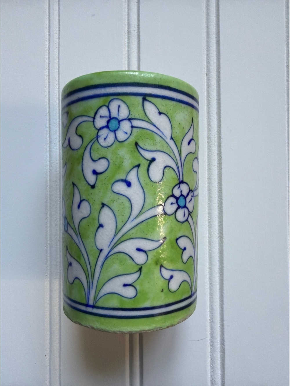 Vintage Hand-Painted Jaipur Blue Pottery Cylindrical Pen Holder / Bud Vase